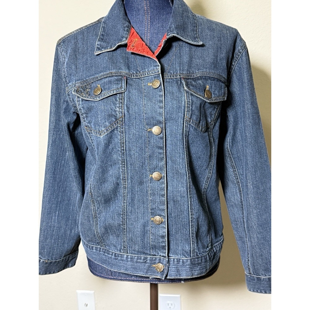 Chico's Blue Denim Jacket Woman Size 1 Medium Embellished Back Sequin Beads Boho